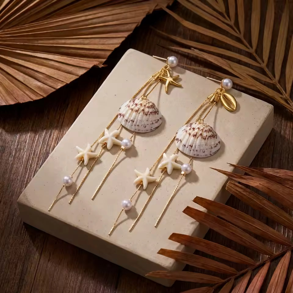 Pendientes Largos Estilo Sirena con Estrella de Mar y Concha